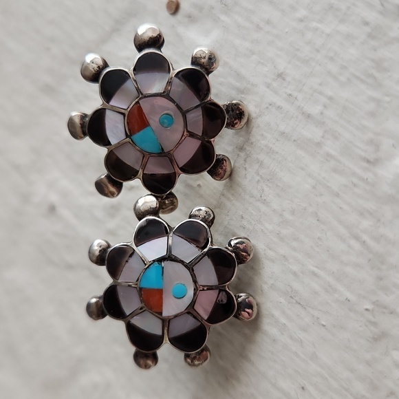 Native American Zuni Vintage Sunface Inlaid Necklace & Earrings Set 💙☀️🖤 - Picture 7 of 16